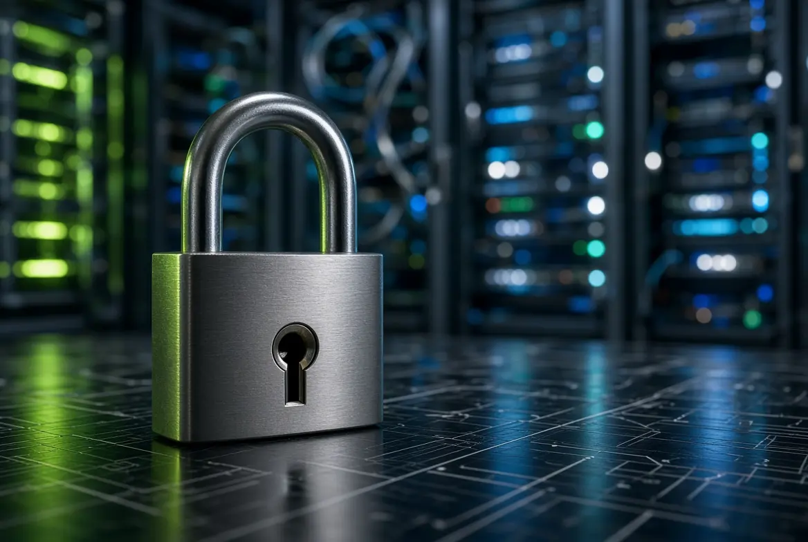 Vorhängeschloss vor Serverracks