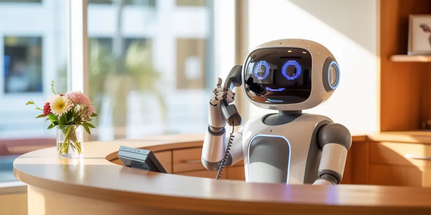 Roboter am Empfang mit Telefonhörer