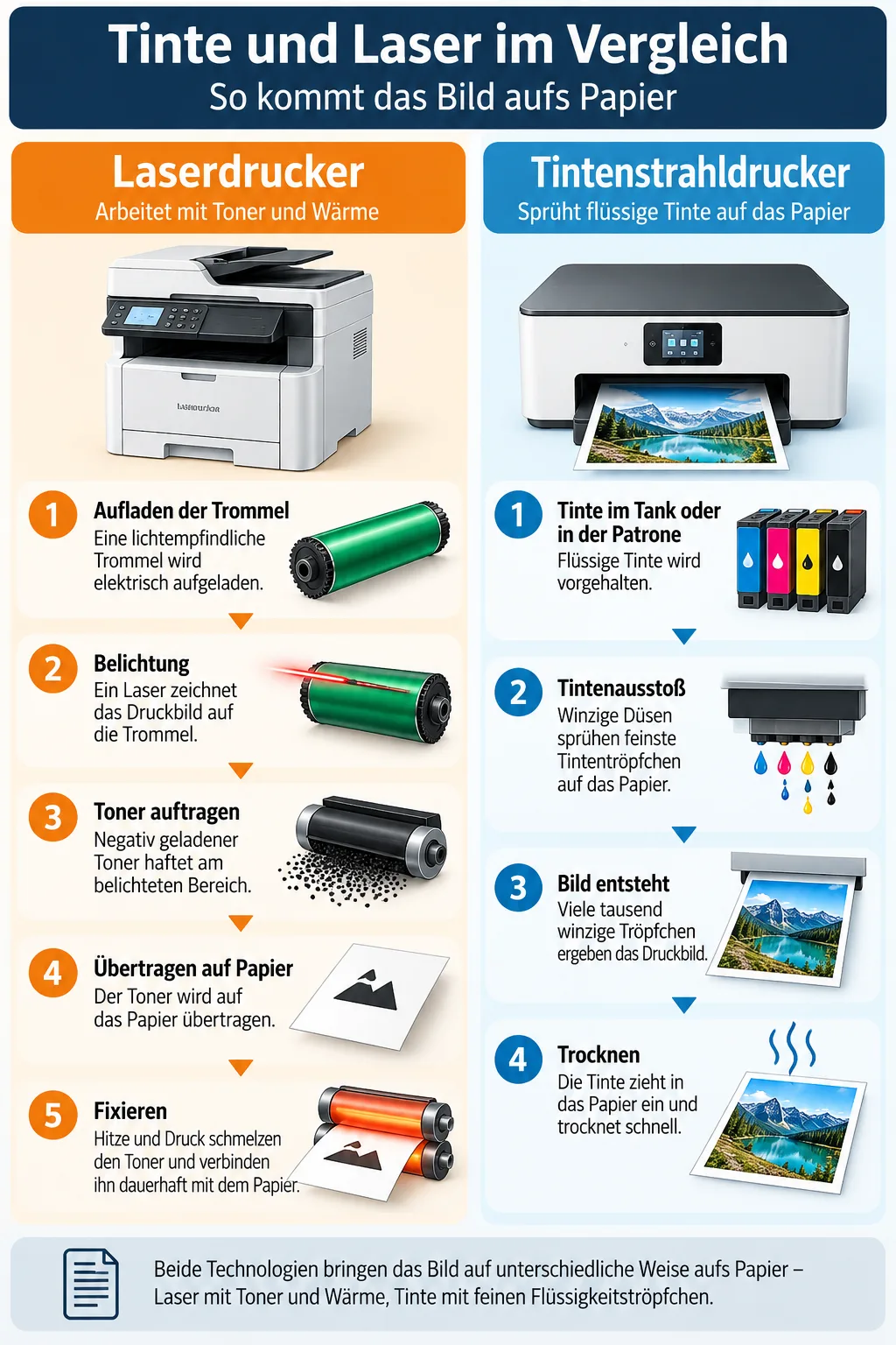 Tinte und Laser im Vergleich: So kommt das Bild aufs Papier – Laserdrucker in 5 Schritten mit Toner und Wärme, Tintenstrahldrucker in 4 Schritten mit flüssiger Tinte